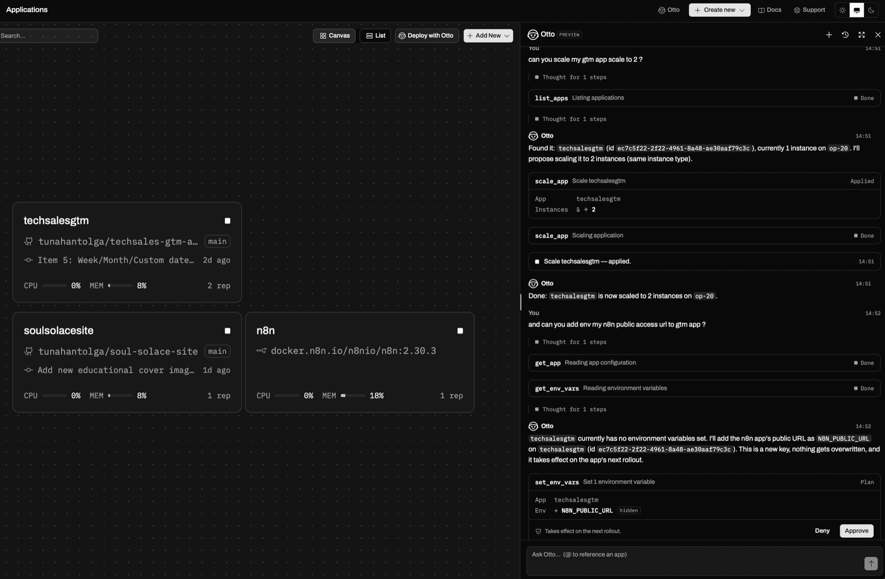 Otto scaling an app, then proposing an environment variable for approval